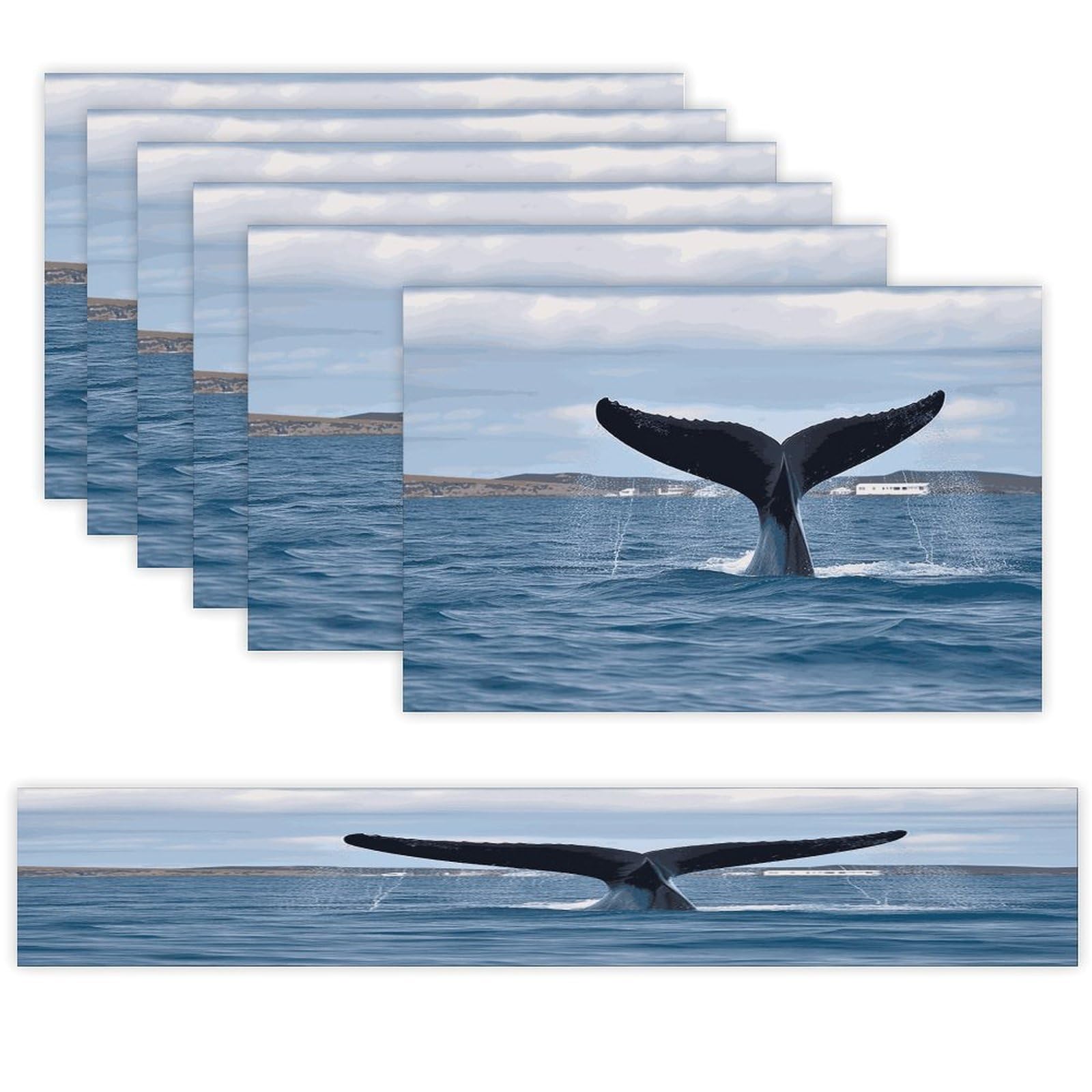 Whale Tail Table Runner and Placemats Set of 6 Wipe Clean Heat Resistant Table Mat with Table Runner Decorations Flax Linen Place Mat Set for Home Kitchen Party Supplies