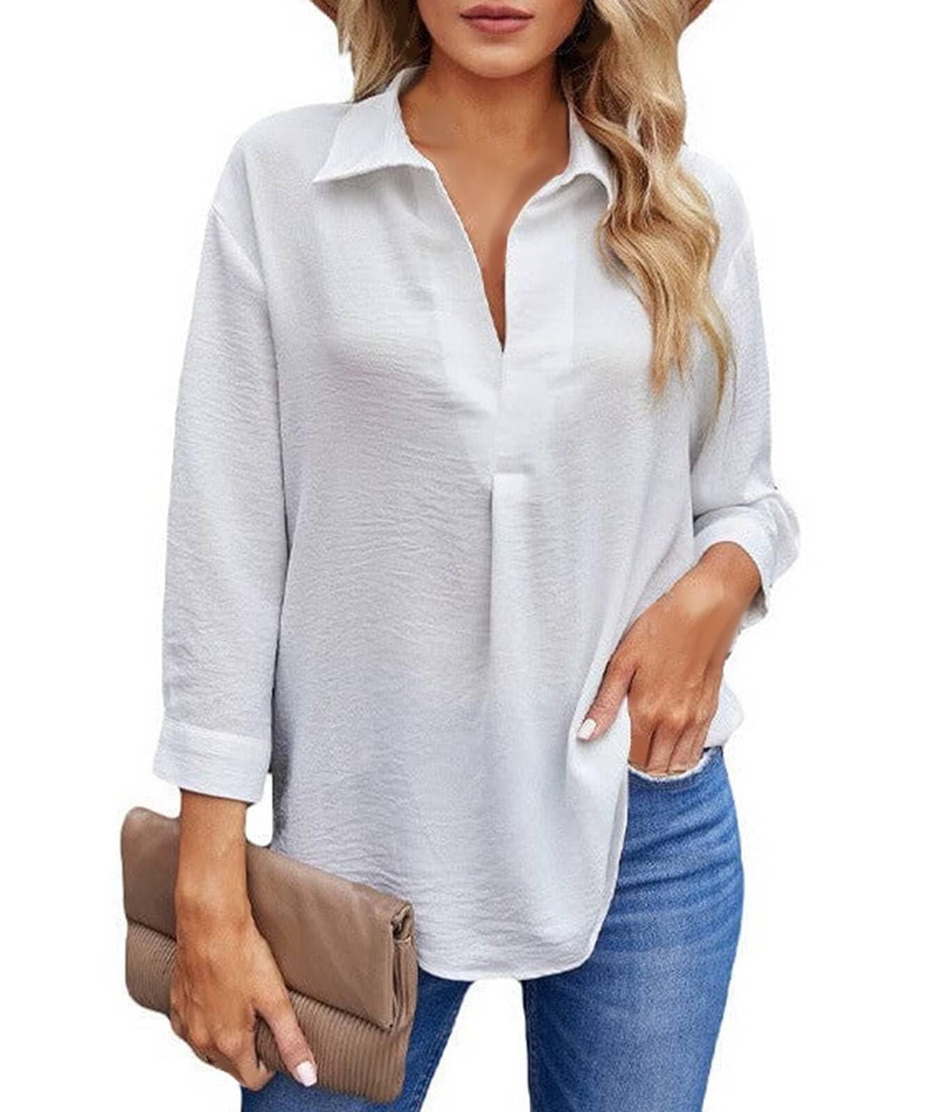 SEMARO Womens Casual Chiffon Blouse Long Sleeve V Neck Shirt Soft Loose Fit Tunic Tops for Women
