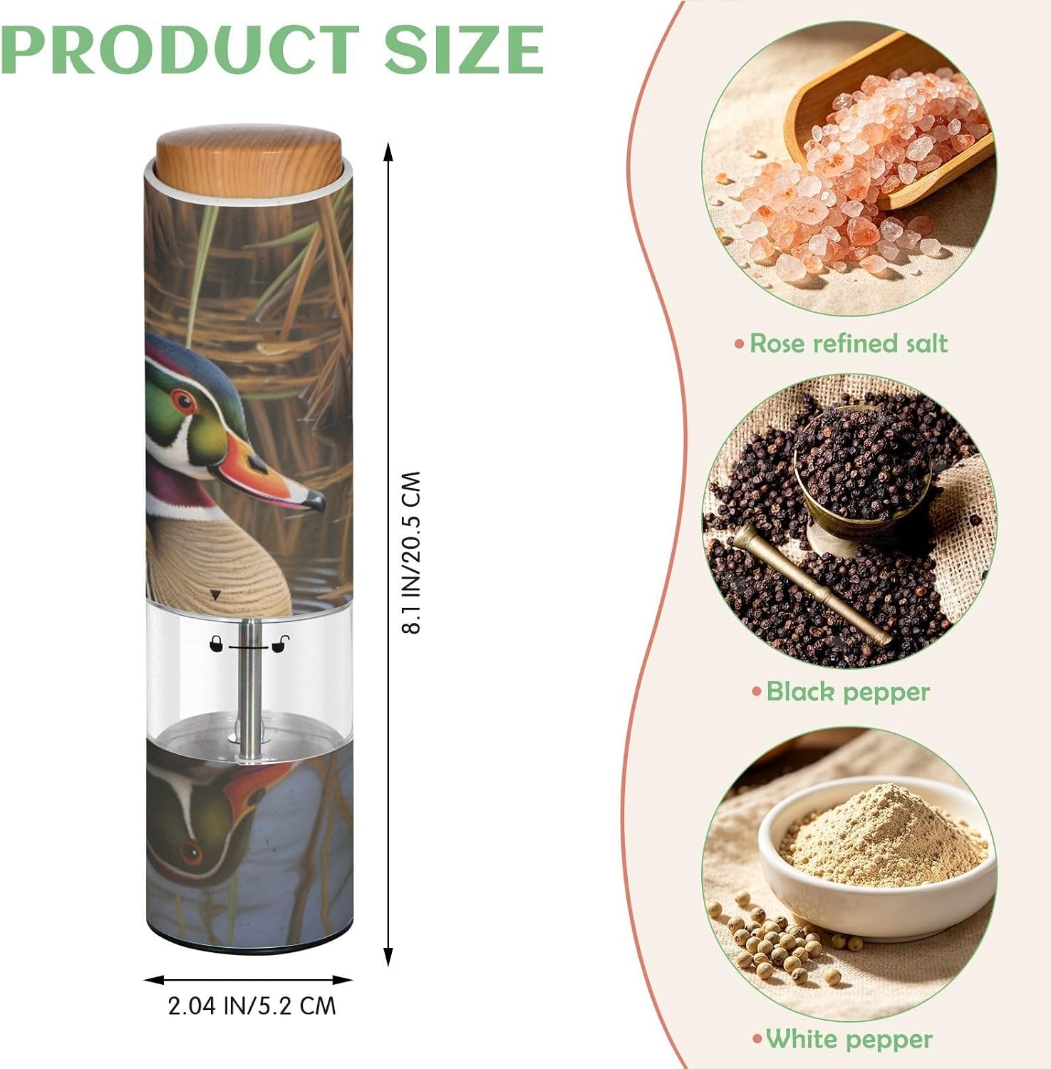ALAZA Electric Pepper Grinder with Adjustable Coarseness, Wood Duck Capturing Battery Automatic Salt and Pepper Mill with Led, One-Handed Operation Spice Grinder for Kitchen, Camping & BBQ