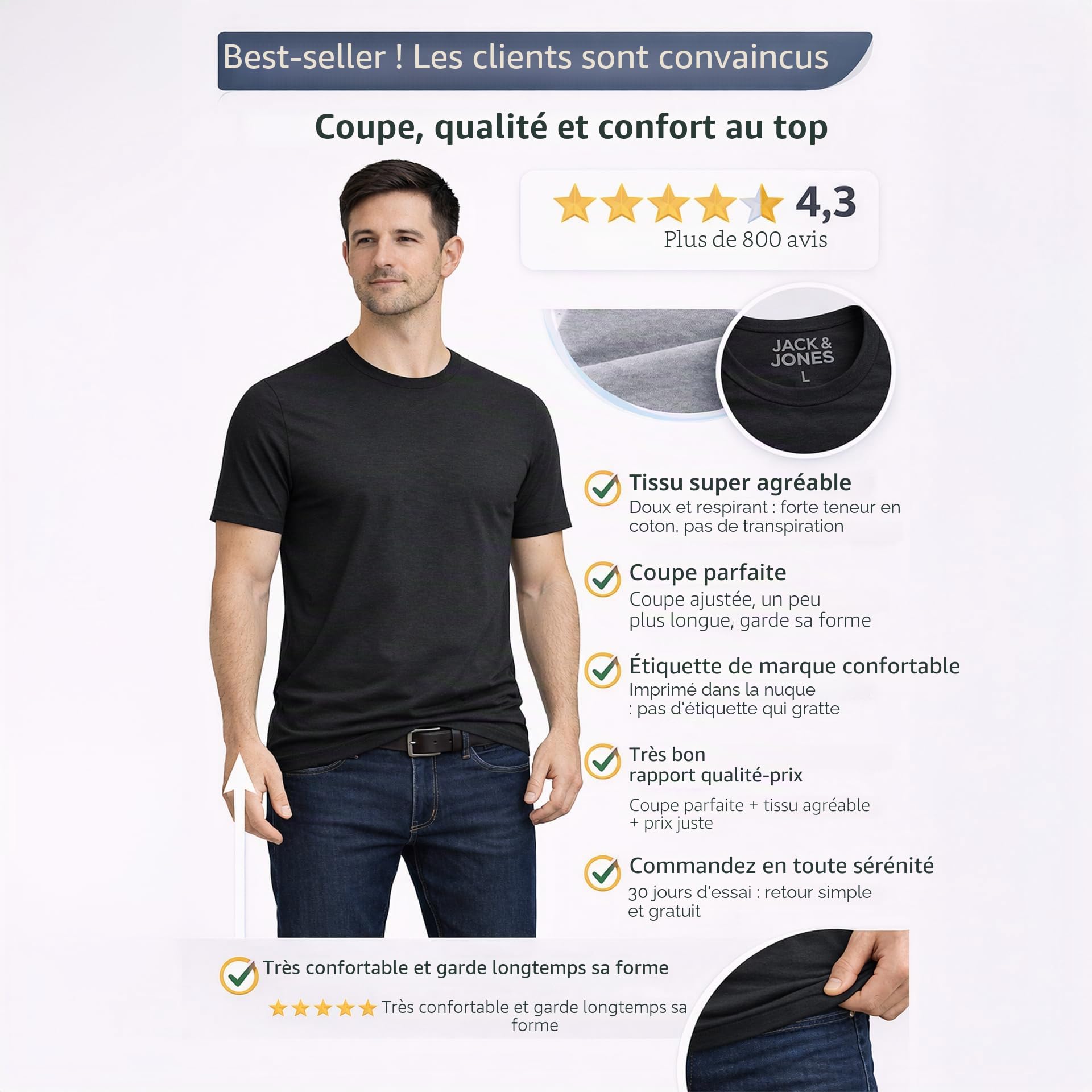 JACK & JONES 12167630 Basic Lot de 3 t-shirts à col rond pour homme Coupe slim Blanc Noir Bleu Gris