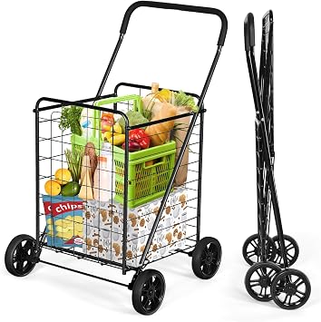 IRONMAX Grocery Shopping Cart, Foldable Heavy Duty Utility Cart w/Large Wheels for Easy Installation and Removal, Lightweight Trolley Cart for Grocery Laundry Luggage Black