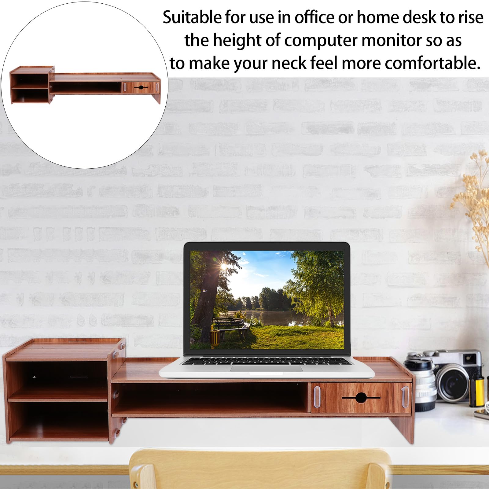 Supporto per Monitor da Scrivania in Legno Marrone Cassetto, Design Pratico e Salvaspazio per Casa e Ufficio, Stand Elevatore per Computer