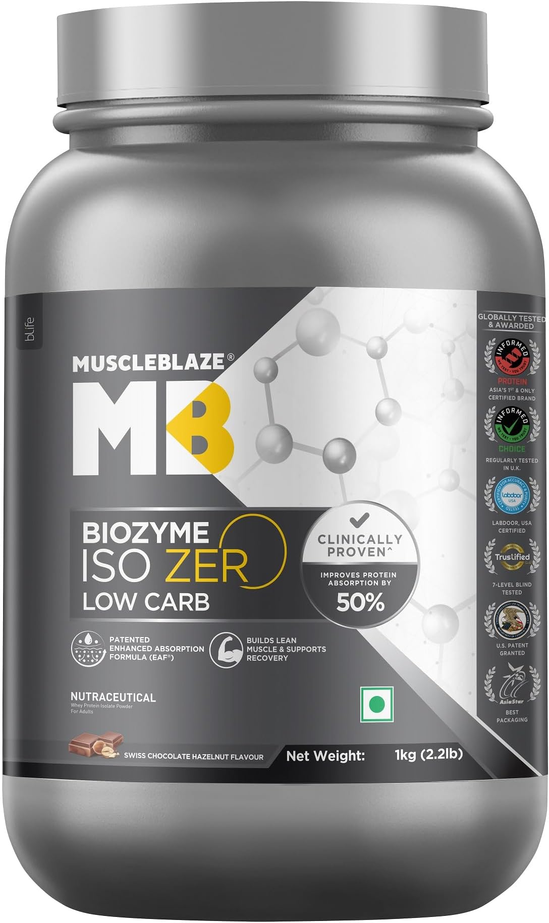 MuscleBlaze Biozyme Iso-Zero, Low Carb Whey Protein Isolate, 27g Isolate Whey Per Scoop (Swiss Chocolate Hazelnut, 1kg / 2.2lbs) with USA Patent-Published Enhanced Absorption Formula (EAF®)