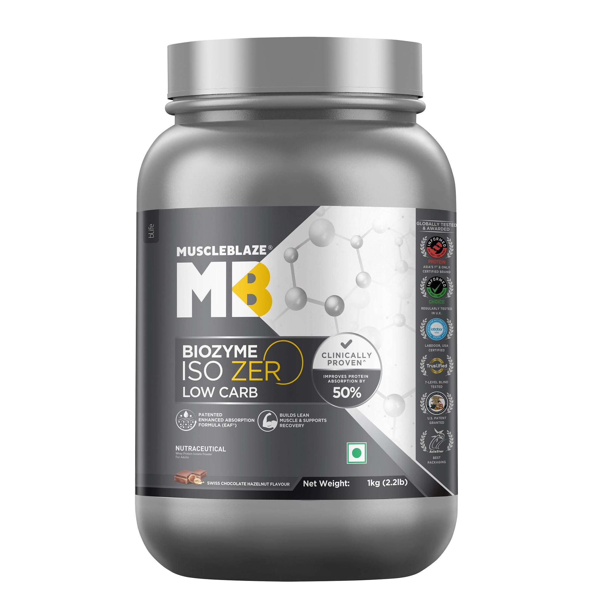 MuscleBlaze Biozyme Iso-Zero, Low Carb Whey Protein Isolate, 27g Isolate Whey Per Scoop (Swiss Chocolate Hazelnut, 1kg / 2.2lbs) with USA Patent-Published Enhanced Absorption Formula (EAF®)