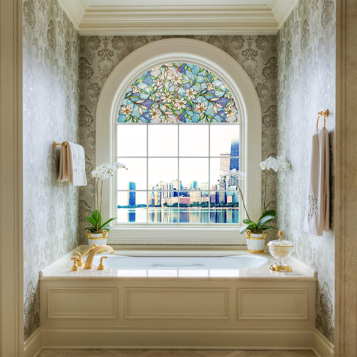 Precut Orchid Decorative Arched Window Film, Self Static Adhesive Cling, 59 inches Diameter