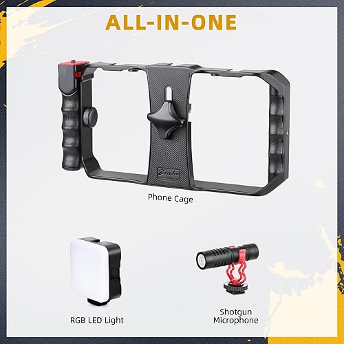 Miniatura 2 de Zeadio Kit universal de vlogging para teléfono inteligente con luz RGB y micrófono - Jaula estabilizadora para teléfono celular para iPhone/Android,