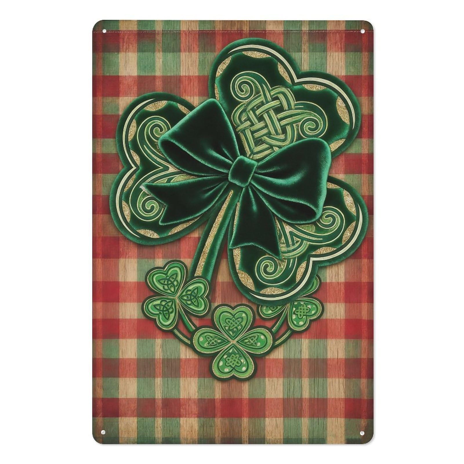 peiyeety Vintage Irish Shamrock Metal Tin Sign 8x12 Inch – Celtic Knot Clover with Red & Green Plaid Background, Rustic Pub Wall Decor for St Patrick’s Day, Home Bar, Kitchen, or Office Wall Plaque