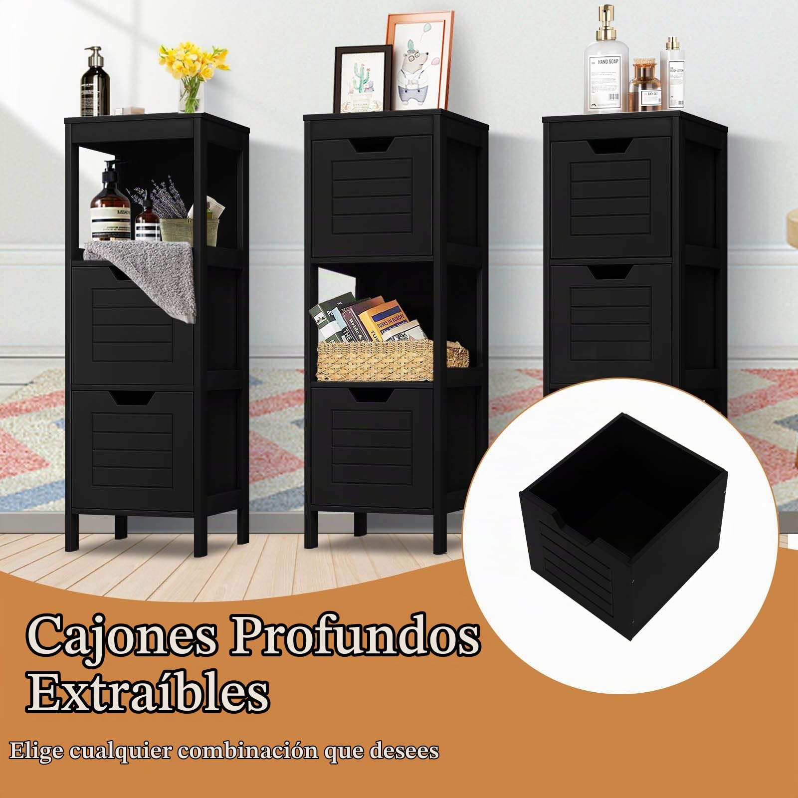 LIFEZEAL Mueble de Baño de Pie con 2 Cajones (Negro)