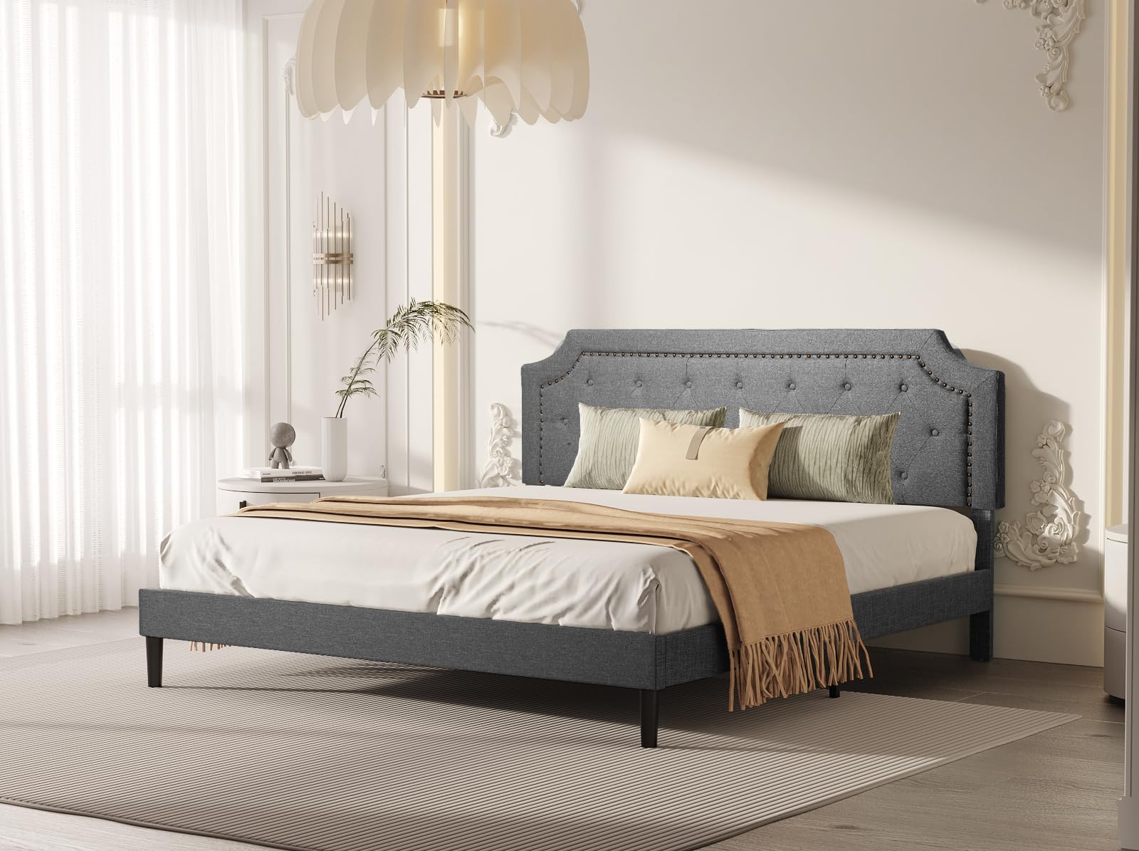 Full BONSOIR full Size Grey Color Bed Frame Upholstered Low Profile Traditional Platform with Tufted and Nail Headboard, Linen Fabric Upholstery (Queen Size, Grey)