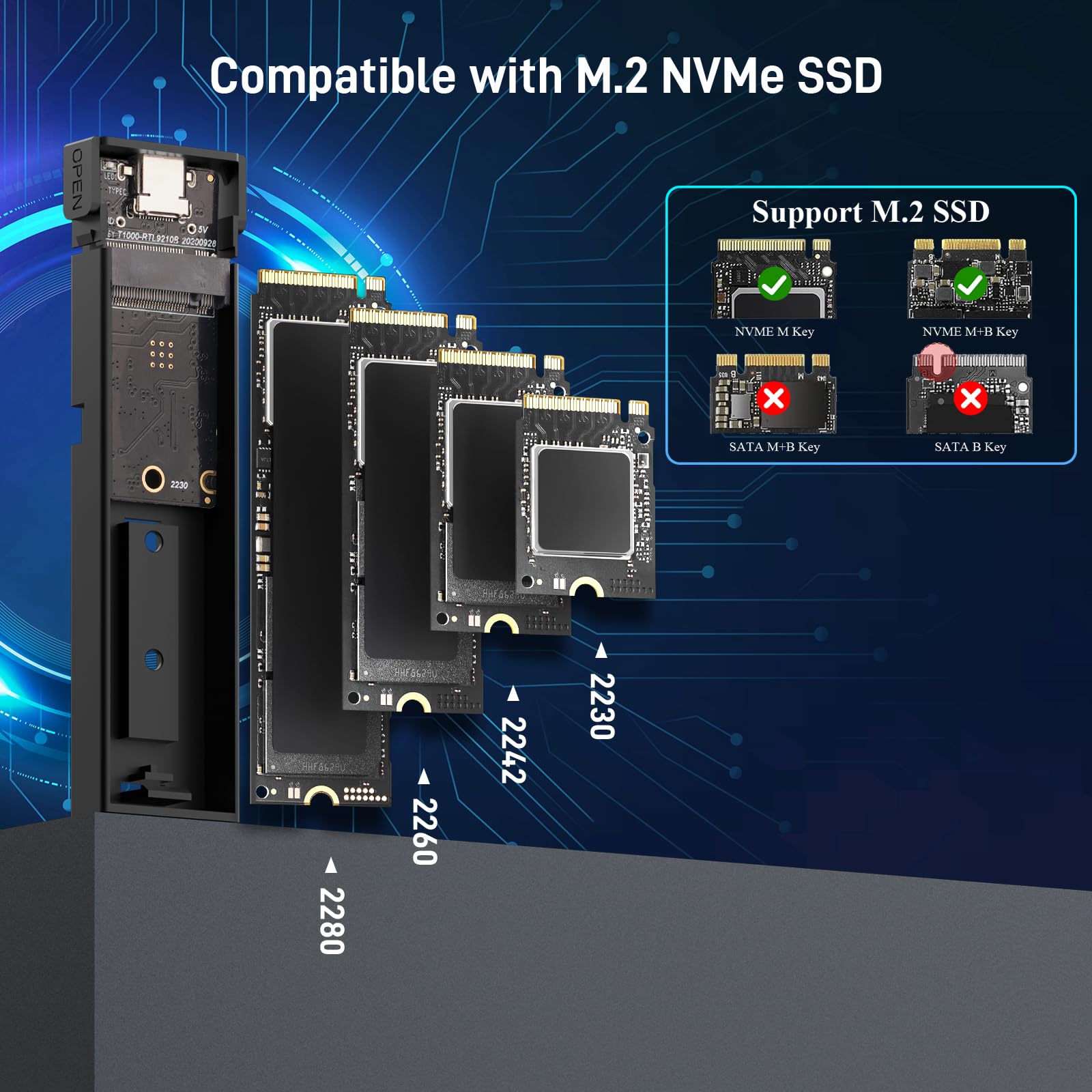 Boîtier SSD M.2 NVMe, USB 3.2 Gen 2 10Gbps Boitier NVMe Externe Adaptateur SSD M.2 NVMe PCIe M-Key/M+B Key 2230 2242 2260 2280 SSD Compatible avec iPhone MacBook Windows Linux UASP et Trim Gris