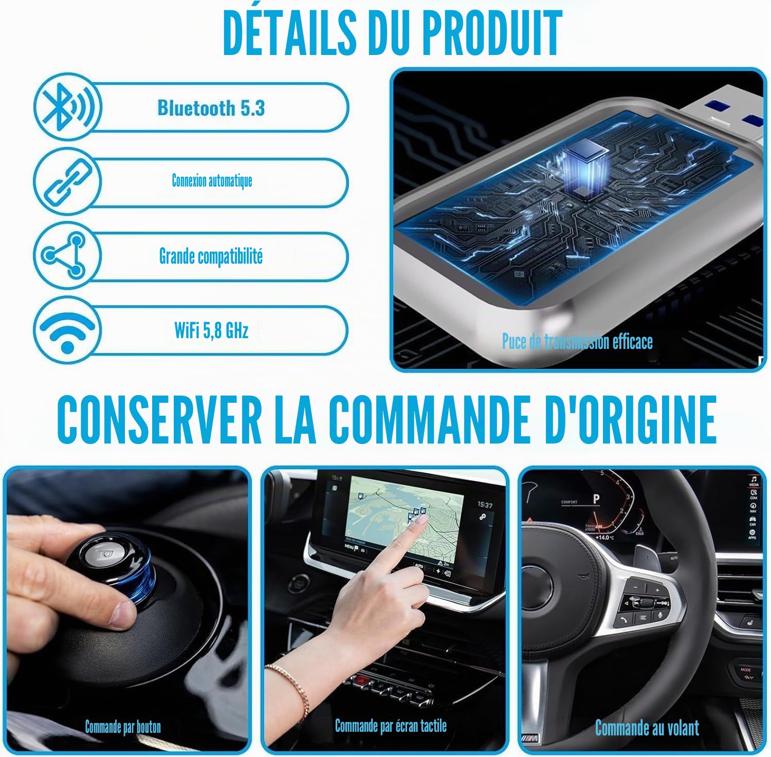 CarPlay sans Fil 2 en 1 pour Apple CarPlay/Android Auto, Mini Adaptateur sans Fil pour iPhone iOS 10+/Android 11+ et Plus de 2016 Voitures, USB/Type-C, Car Play Voiture (‌Noir)