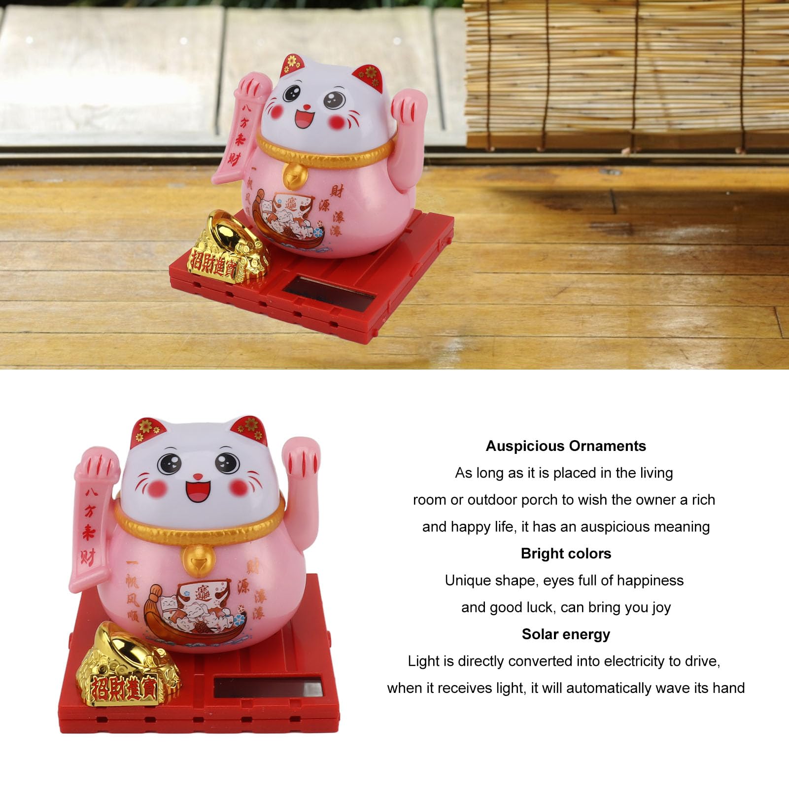 Solar Powered Lucky Cat, Bright Colors Energy Saving Solar Waving Cat Lucky Wealth Welcoming Cat for Home Desktop Ornament for Office and Car décor (Trumpet-Pink)