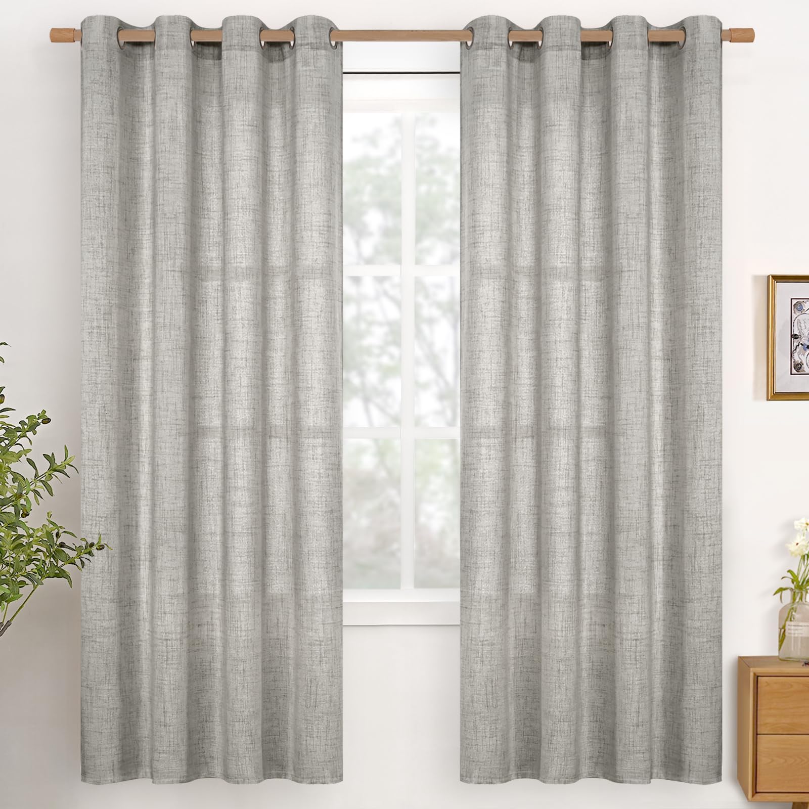 YoungsTex Dark Grey Linen Curtains 72 Inch Length for Living Room, Textured Semi Sheer Window Drapes with Bronze Grommet Light Filtering for Bedroom Dining, 2 Panels, 52 X 72 Inch โ image 1