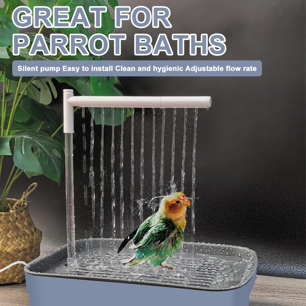 Vogeldusche Wellensittich, Automatische Vogel Dusche mit Pumpe, Vogelbad mit Wasserkreislauf und Mehreren Wasserhähnen, Vogel Badehaus Badewanne für Wellensittiche, Sittiche (Grau)