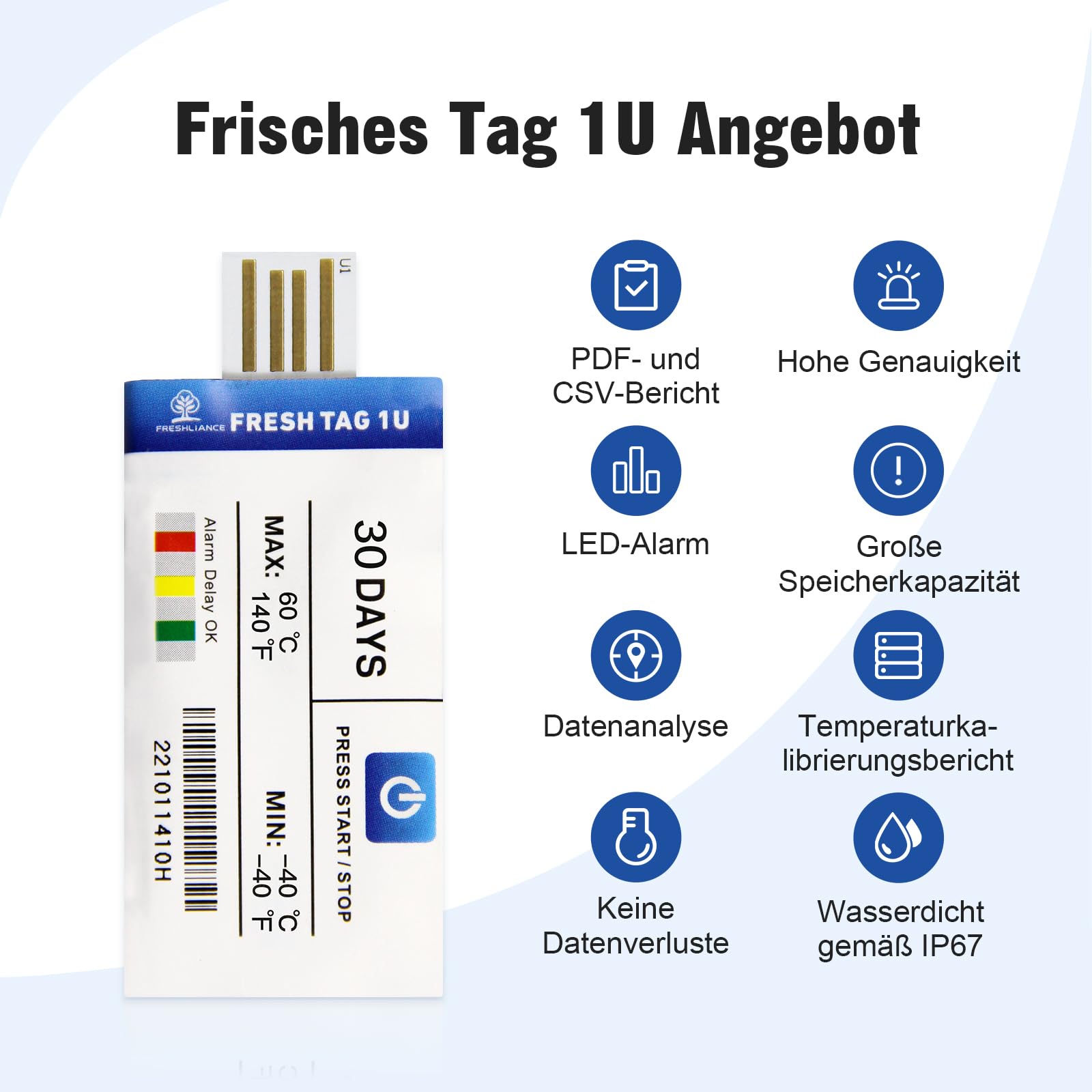 Freshliance Temperatur Datenlogger 2 Stücke, -40°C ~ 60°C Einweg-Temperaturlogger mit PDF/CSV-Bericht, 30000 daten hohe Genauigkeit 30 Tage für Kühltkettetransport, Fresh Tag 1U