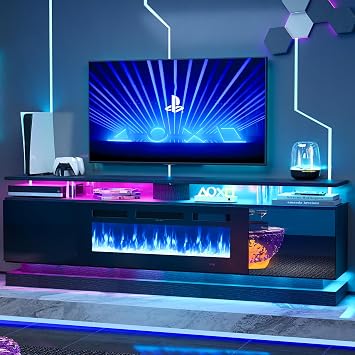 70 Inch Fireplace TV Stand, Modern Entertainment Center for TVs Up to 80, TV Console with Storage Cabinets, Media Console for Living Room, Black TV Stand and Black Fireplace