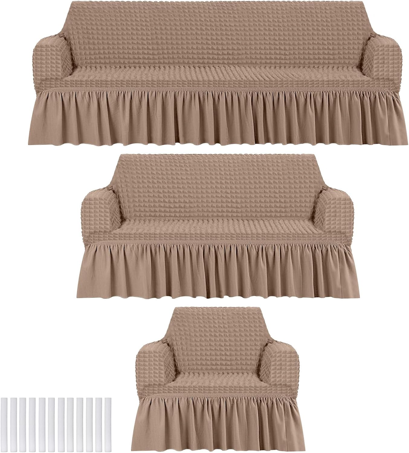 3 Pcs Sofa Slipcover Set for Couch Cushion Durable Washable High Elastic Stretchable Furniture Couch Covers with Skirt for Sofa Loveseat Arm Chair(Khaki,Seersucker)