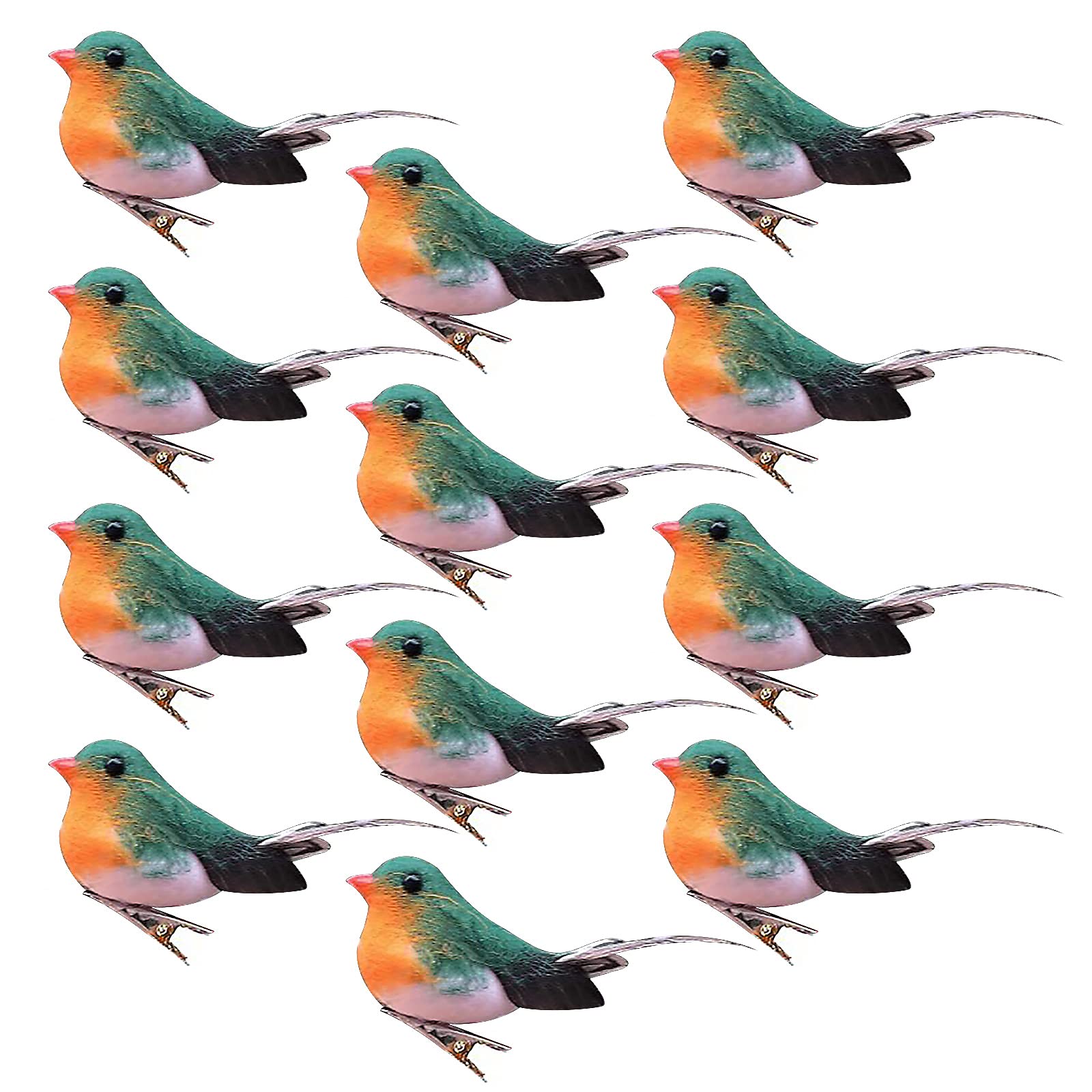Wivaye Green 12 Pack Artificial Feather Robin Bird, Mini Sparrow Ornaments With Metal Clip, Simulation Foam Bird Clip On Christmas Tree Ornament, For Diy Crafts, Wreaths, Wedding Decor