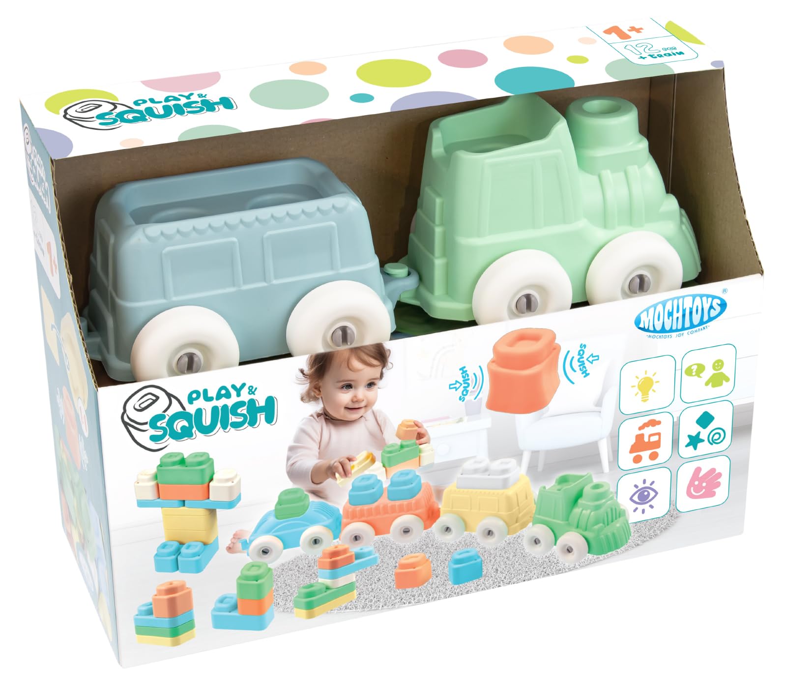Mochtoys Zestaw Do Zabawy, Pociąg, 3 Wagoniki i 12 Klocków, Pastelowe Kolory, Kompatybilny z Serią Play&Squish, Dla Dzieci Od 1 Roku Życia