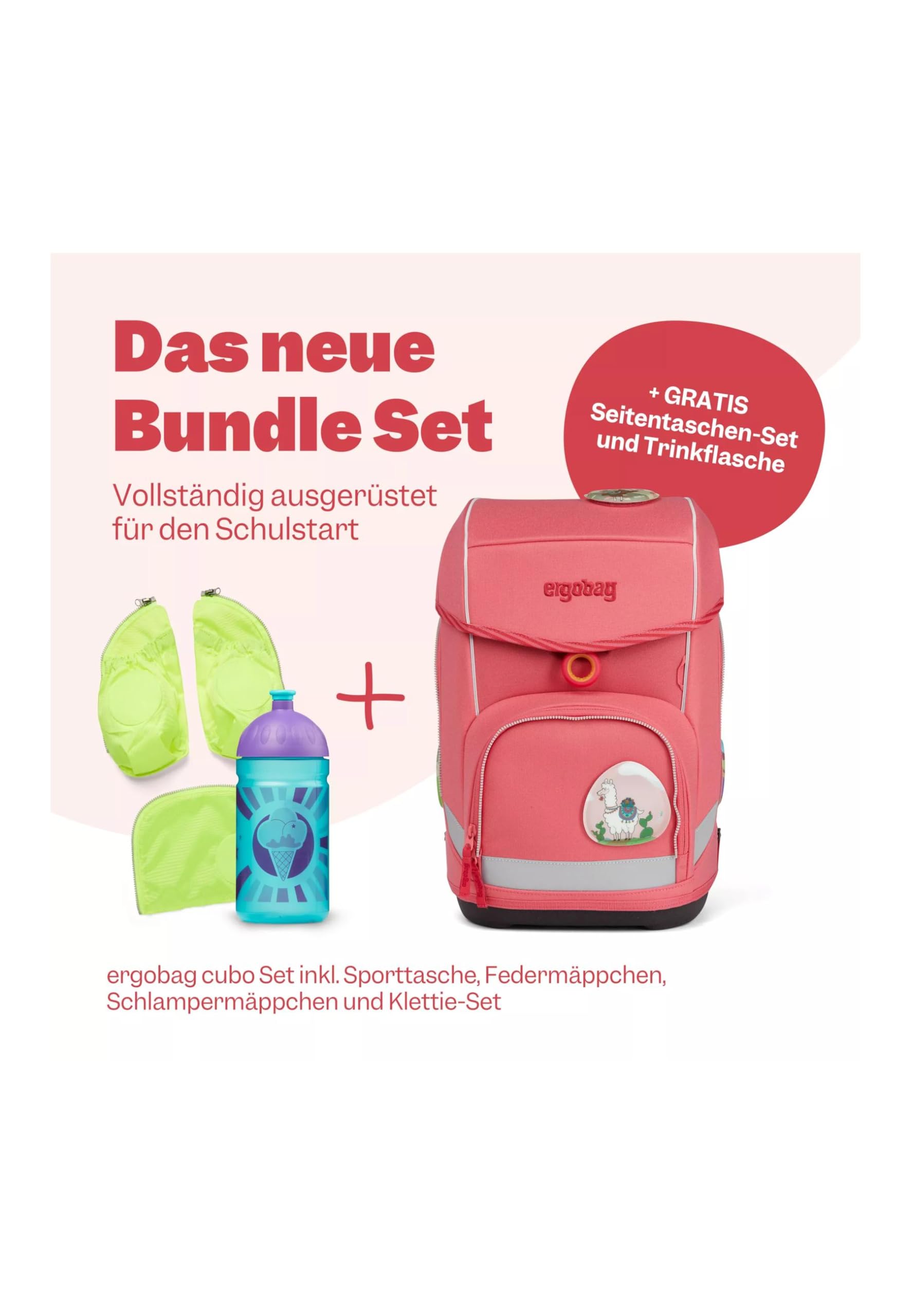 ergobag cubo Bundle Set ergonomischer Schulrucksack, Set 7-teilig Plus Seitentaschen Zip-Set und Trinkflasche
