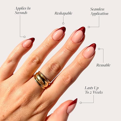 Miniatura 3 de Glamnetic Uñas a presión  Red Affair  Uñas cortas de punta francesa con purpurina roja almendra con un acabado brillante  15 tamaños  Kit de 30 uñas