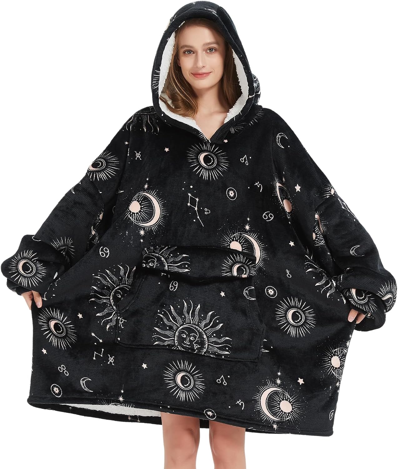 Wearable Blanket Hoodie for Adult,Oversized Sherpa Fleece Blanket Hoodie for Women Men,Sun and Moon