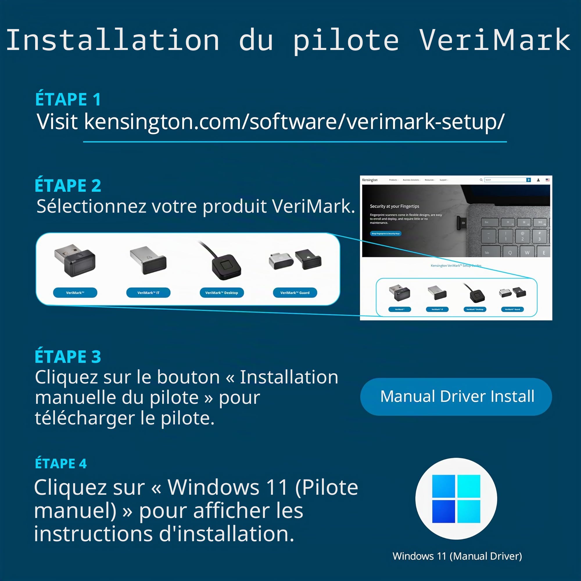 Kensington, clé à empreintes digitales VeriMark™ Desktop – Lecteur biométrique sécurisé USB-A/USB-C certifié FIDO2, avec câble USB 3.0 (1,2 m). K62330WW