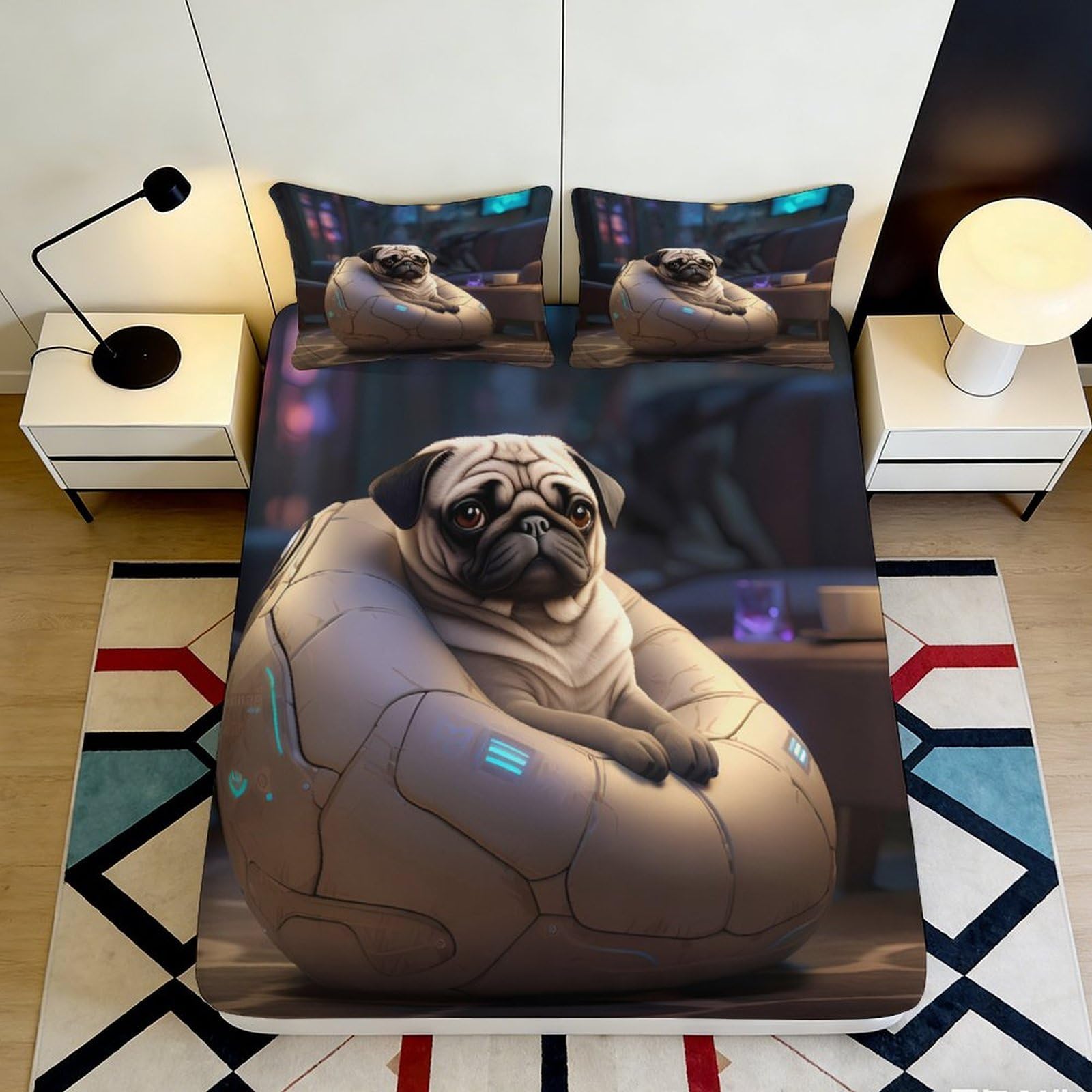 3D Printed Pug Dog Fitted Sheet Microfiber Soft Durable Futuristic Bed Cover for Bedroom Dormitory Guest Room Mattress Protection Decor 140x200x25cm