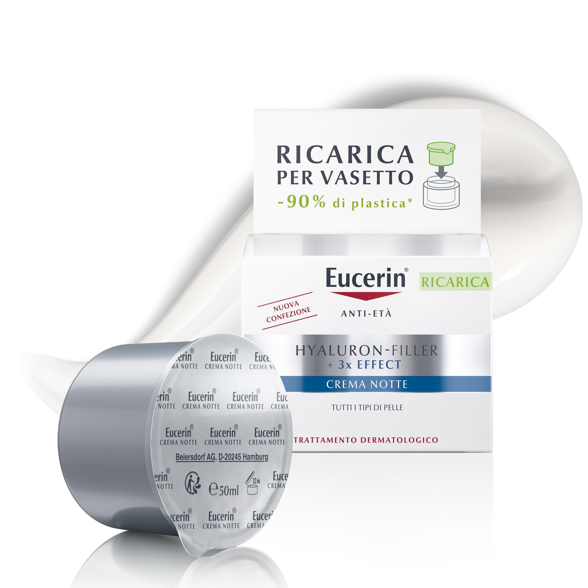 Eucerin Hyaluron-Filler Ricarica Crema Notte 50 ml, Refill crema viso antirughe e antiossidante, Formula con Acido Ialuronico rigenerante durante la notte per tutti i tipi di pelle