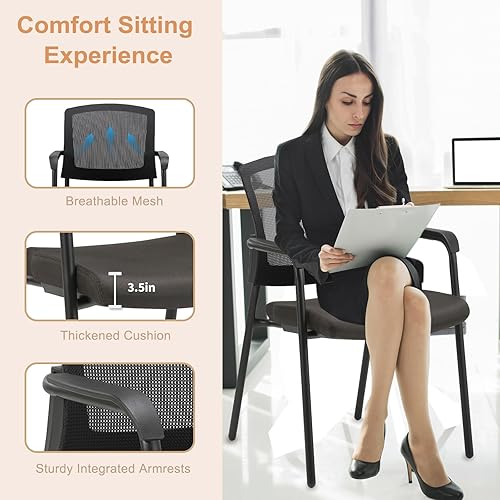 Miniatura 5 de CLATINA Office Reception Guest Chair Mesh Back Stacking with Ergonomic Lumbar Support and Thickened Seat Cushion for Waiting Conference Room Black