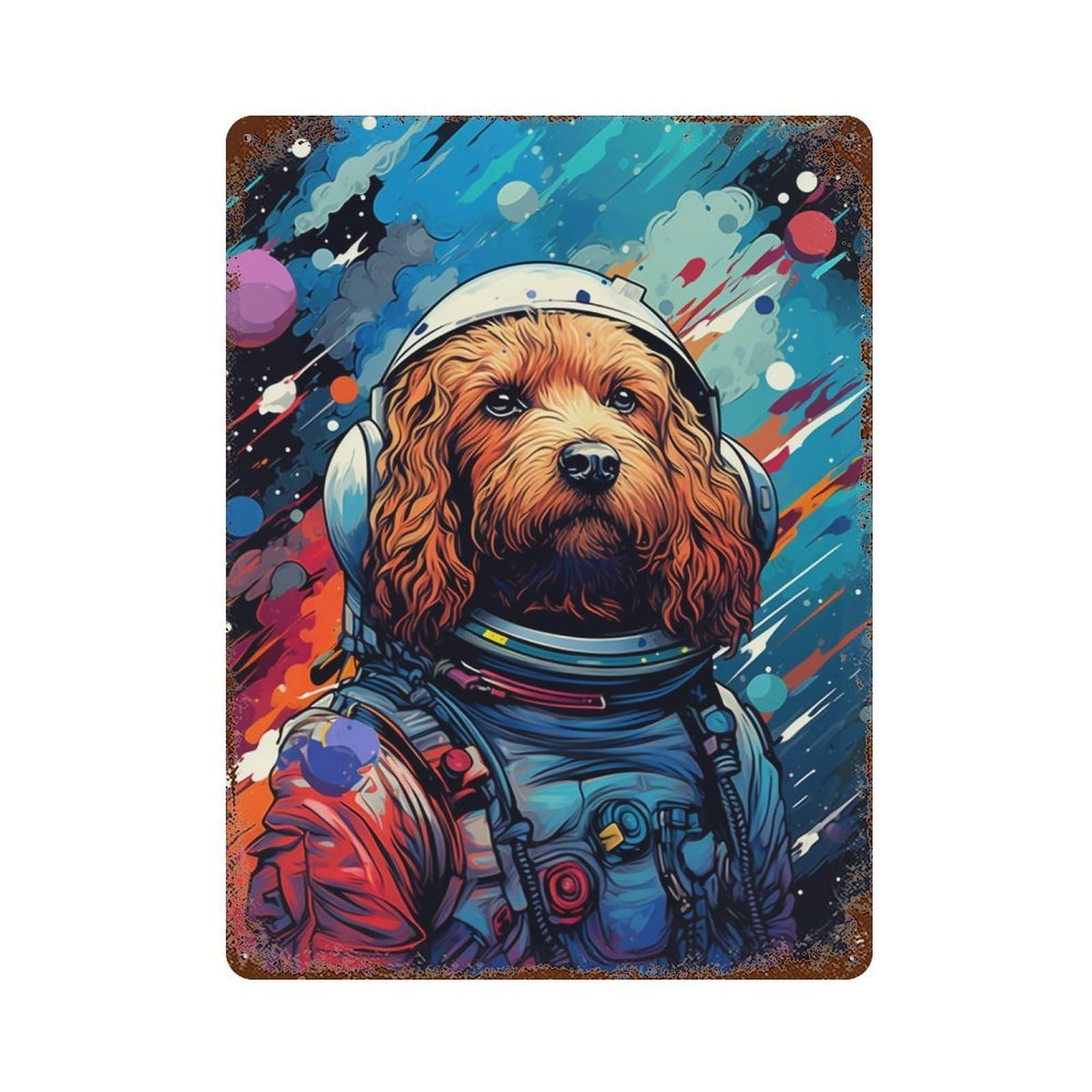 Space Dog Adventure-319 Rust Effect Tin Sign 15.7"x11.8", Farmhouse Wall Decor for Bistro, Counter And Cafe Decor