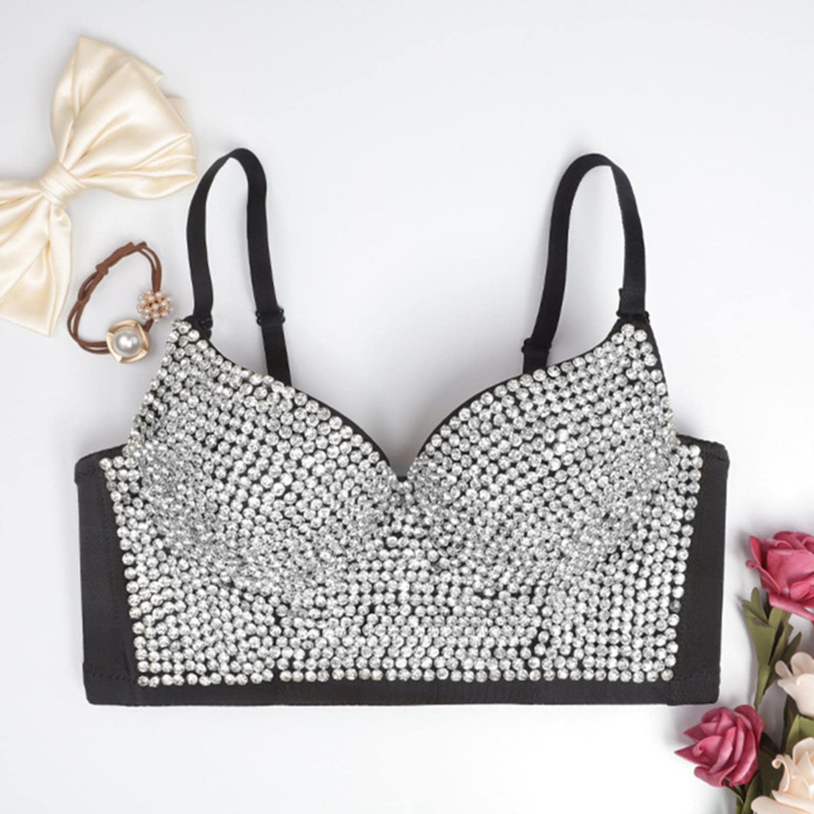 Sexy Push Up Bra Donne Reggiseni Diamante Paillettes Biancheria Intima Bralette Donne Vestiti Estate y2k Short Top Ladies Corsetto-10-nero, M