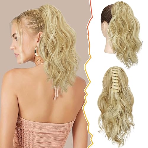 BARSDAR Extensión de cola de caballo con clip de garra, extensiones de cabello rubio ondulado corto de 14 pulgadas para mujer, extensiones