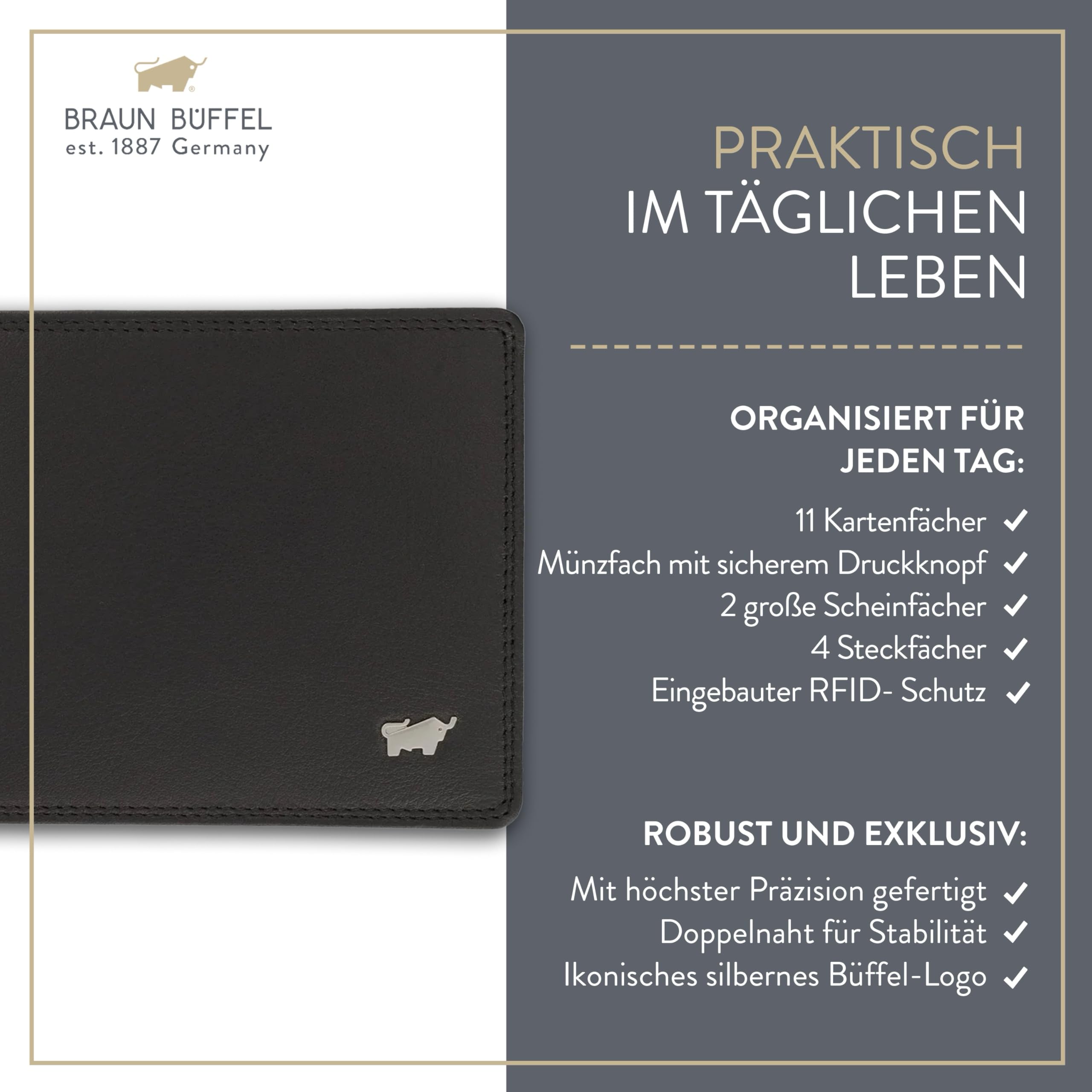 BRAUN BÜFFEL Herren Geldbörse aus echtem Rindsleder Golf mit RFID Schutz - Zetilose Geldbörse mit 7 Kartenfächern - Edles Schwarz