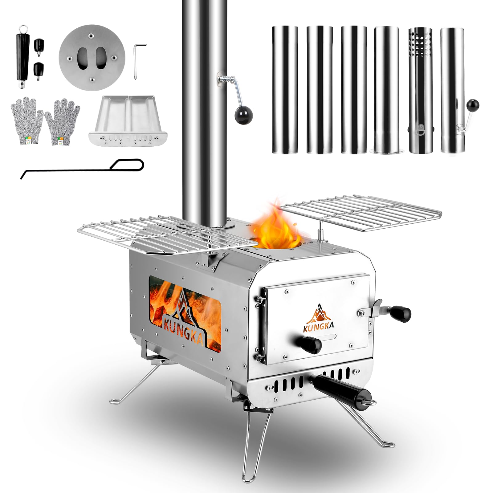 KUNGKA Tent Stove, 7.3ft height Portable Wood Burning Stove, Small Stainless Steel Hot Tent Stove with 6 Chimney Pipes for Outdoor Heating, Cooking, Hunting & Ice Fishing