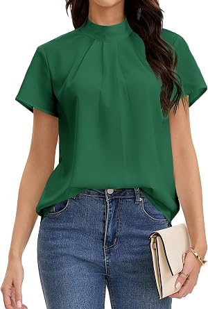 Womens Mock Neck Short Sleeve Pleated Front Elegant Business Casual Work Blouses Shirts