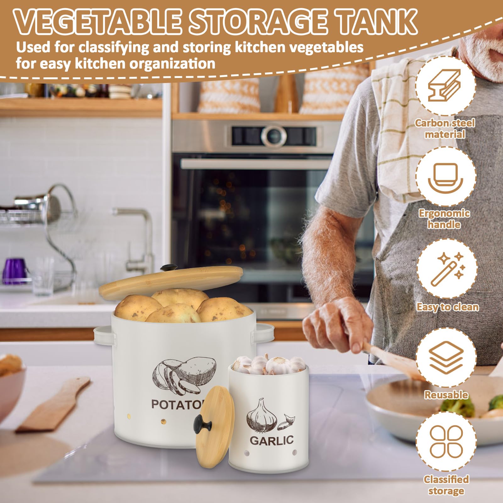3 Stück Kartoffel Aufbewahrungsbox, Gemüse-Aufbewahrungsdose mit Bambusdeckel Stapelbares Kartoffel Zwiebel Knoblauch Vorratsdosen mit Belüftungsloch Zylindrischer Küchenkanister mit Griff(weiß)