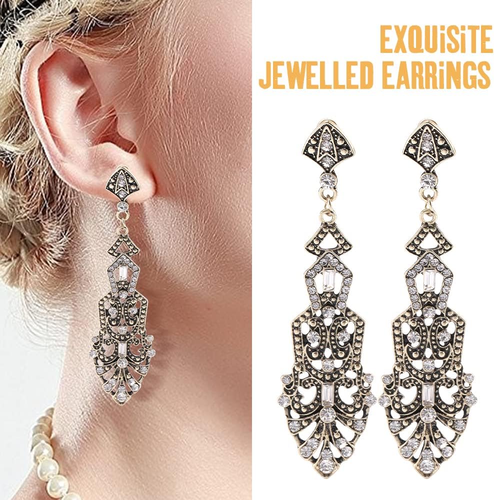 1920s Flapper 20s Gatsby Costume Accessories Set for Women Include Headband Pearl Necklace Earrings Gloves Folding Fan for Women Gatsby Party Champagne - Image 4