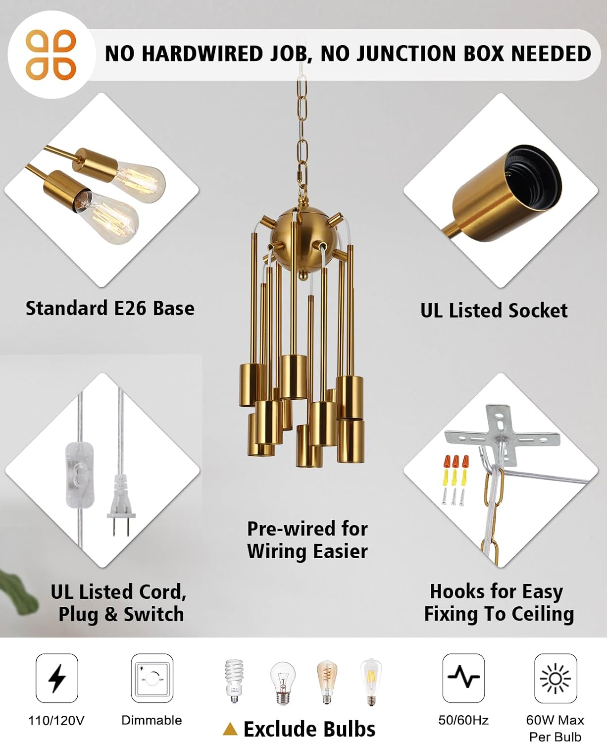 LASENCHOO 10 Lights Plug in Chandelier, Hanging Lights with Plug in Cord 16.4ft & On/Off Switch, Gold Plug in Pendant Light, Modern Sputnik Chandeliers for Dining Room Living Room Bedroom Kitchen