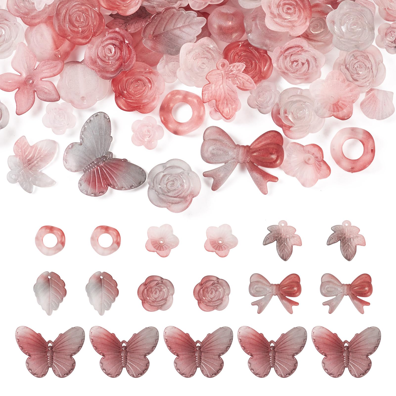 Boutigem 100G Red Frosted Acrylic Assorted Beads Cute Butterfly Flower Leaf Bowknot Transparent Plastic Beads for Jewelry Making DIY Crafts