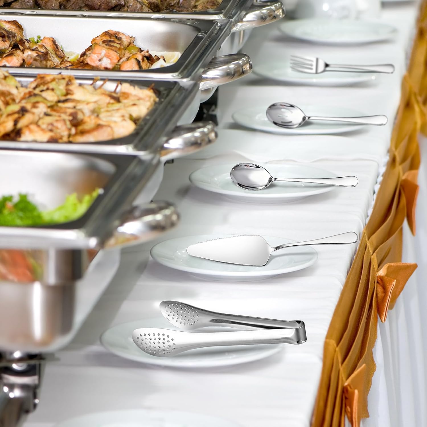 Dualshine 10PCS 18/8 Stainless Steel Serving Utensils Set for Parties, Kitchen Serving Tools-Include Serving Spoons, Slotted Spoons, Serving Forks Tongs Soup Ladle, Cake Pie Server for Buffet, Wedding