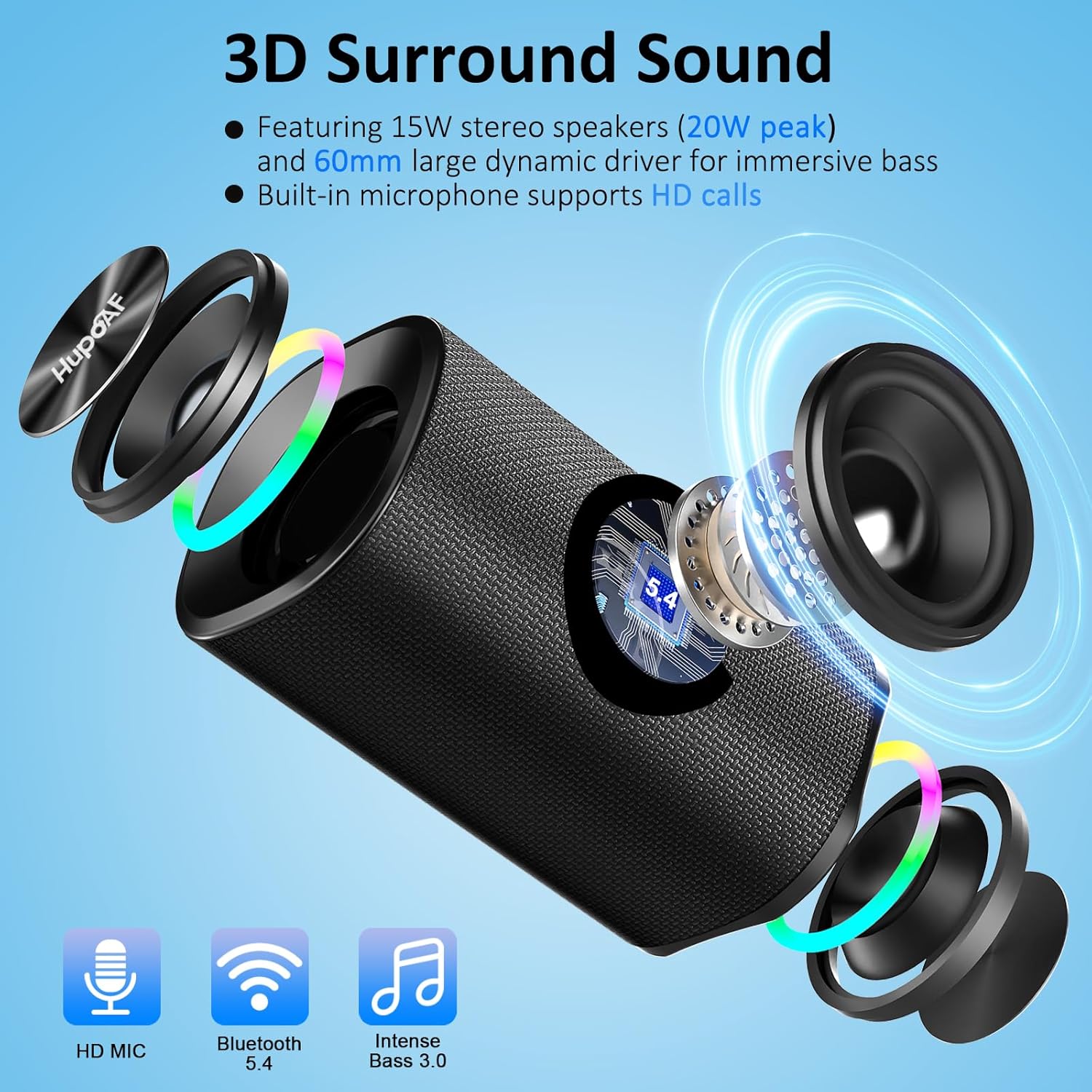 Bluetooth 5.4 Speaker, 2026 Wireless Bluetooth Speaker with 20W Stereo Deep Bass, HD Call, Colorful RGB Lights, TF-Card USB, TWS Pairing, IP-X7 Waterproof for Travel Party Home Beach Indoor Outdoor - Image 2