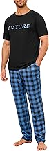 Marvmys Men's Cotton Pyjama Set Short Sleeve T-Shirt with Round Neck and Long Plaid Pants with Pockets and Drawstring