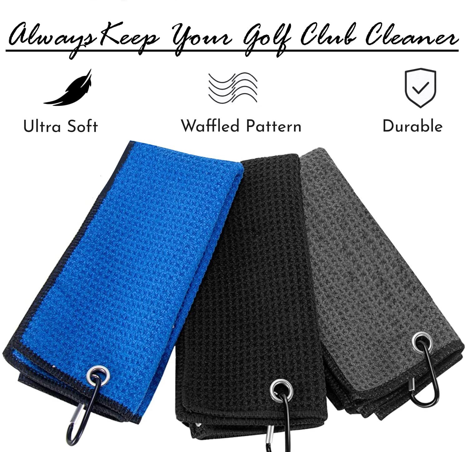 Paquete de 3 toallas de golf de microfibra, fuerte calidad absorbente con tecnología de pétalos de naranja, toalla de golf para bolsas de golf para hombres, tamaño adecuado para bolsa de carrito de