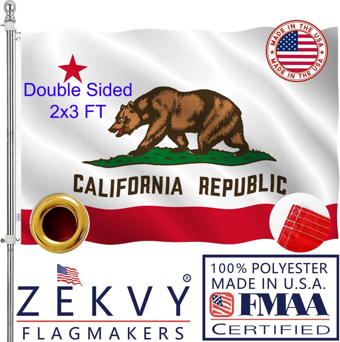California Flag 2x3 Outdoor Made in USA - Double Sided Heavy Duty Vivid Color California Bear Flag with 2 Brass Grommet