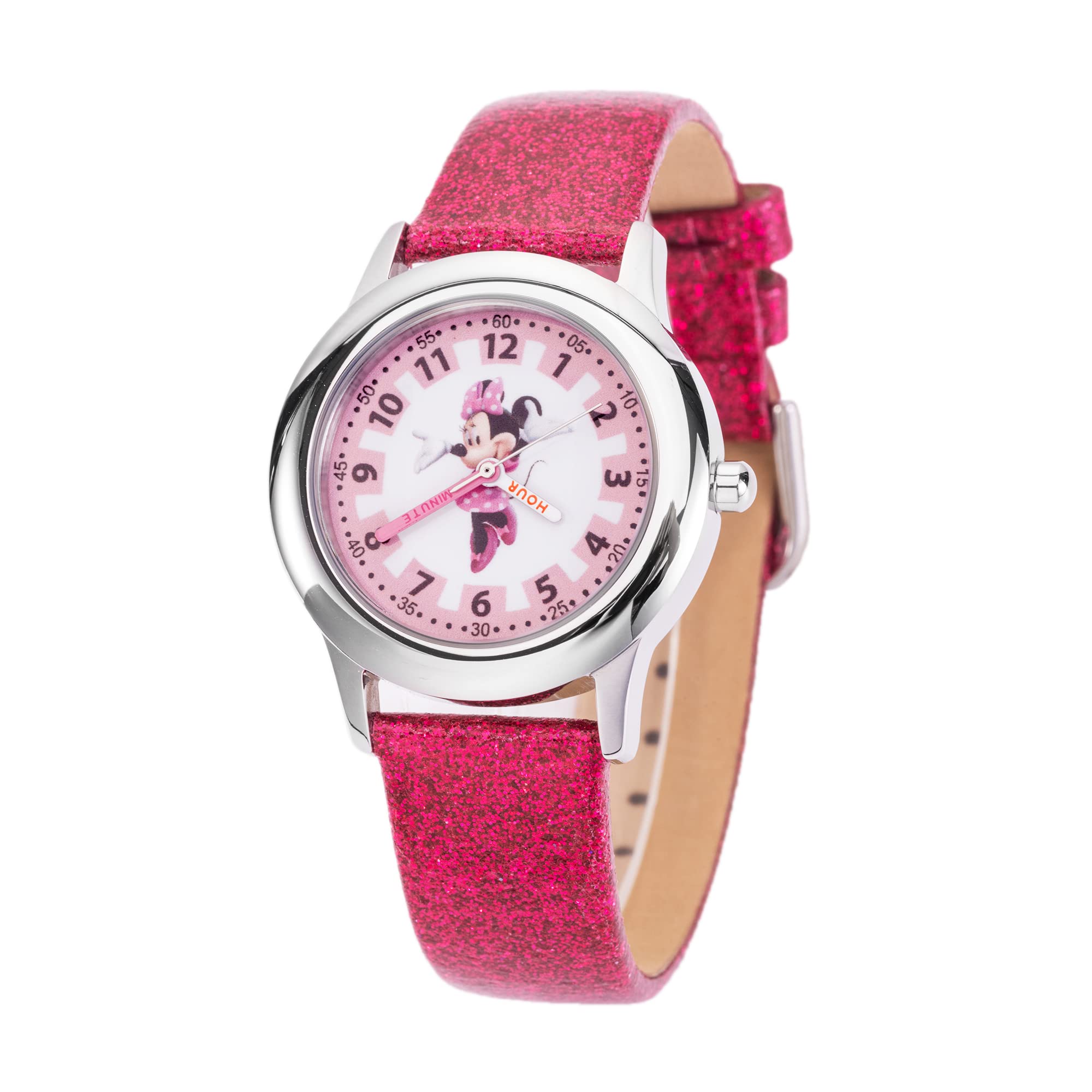 Disney Minnie Mouse - Orologio analogico in acciaio inox per bambini, con cinturino in pelle, cassa liscia, rosa, striscia, rosa, striscia