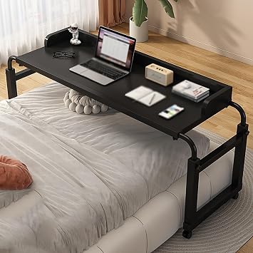 Height Adjustable Overbed Table with Wheels for Largr Size Bed Mobile Cross Bed Desk Perfect for Anywhere in The Home Black