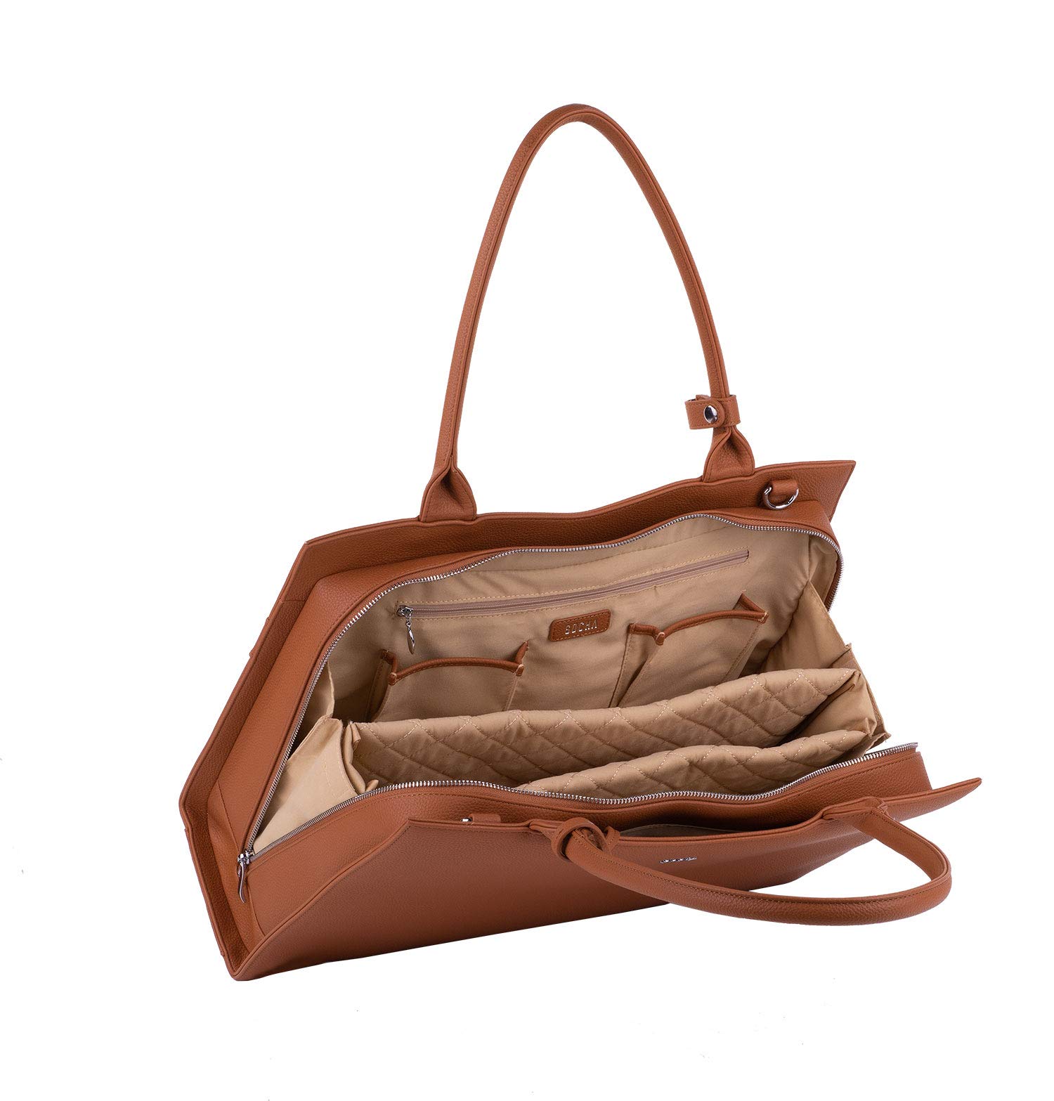 Socha Laptoptasche Damen/Businesstasche Frauen/Aktentasche mit Tragegurt - Elegant - Extra leichte Synthetik - Straight Line Cognac - 15.6 Zoll Braun
