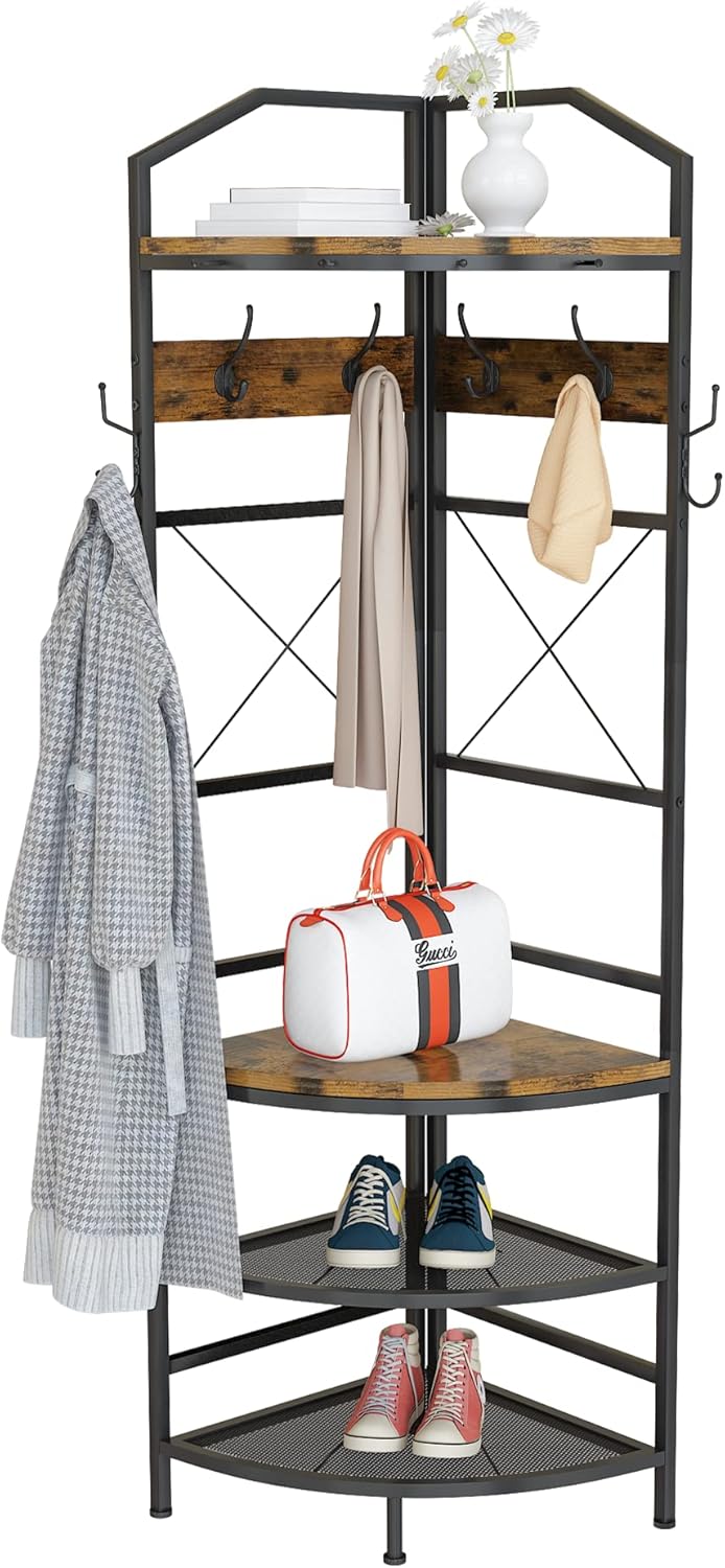 Lamerge Conner Coat Rack with Storage, Multifunctional Entryway Shelf Organizer with 12 Hooks & 4-tier Shelves, 72" Industrial Hall Tree Freestanding Clothes Rack for Living Room Bedroom, Brown
