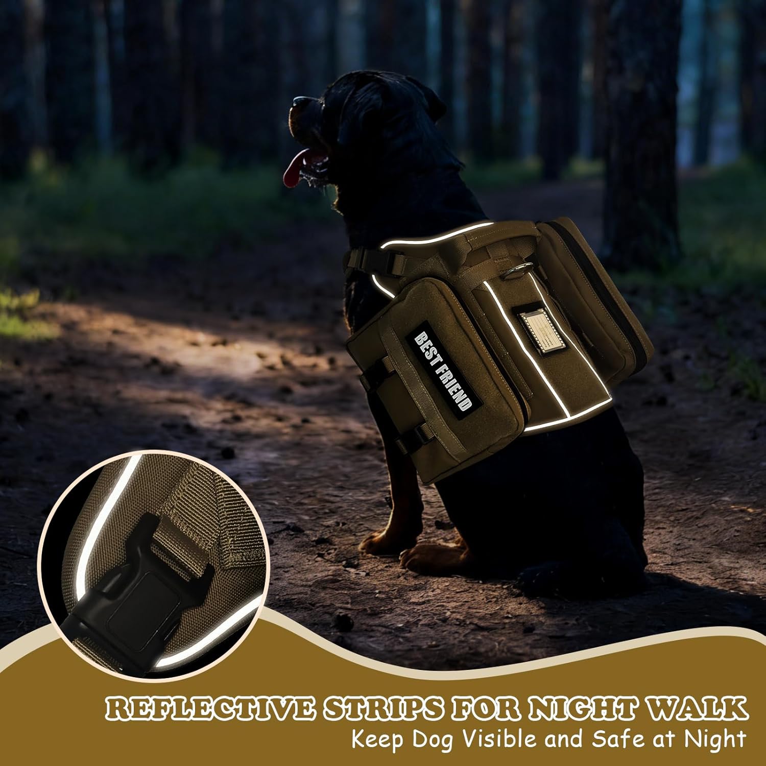 Dog Backpack Harness and Leash Set for Medium Sized Dog,Removable Side Pockets Dog Vest with Handle&No Pull Metal Clips for Hiking Training Walking Hunting Brown M